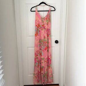 Women Gianni Bini Floral Print Maxi Ruffle Dress in Pink Hawaiian Size Medium